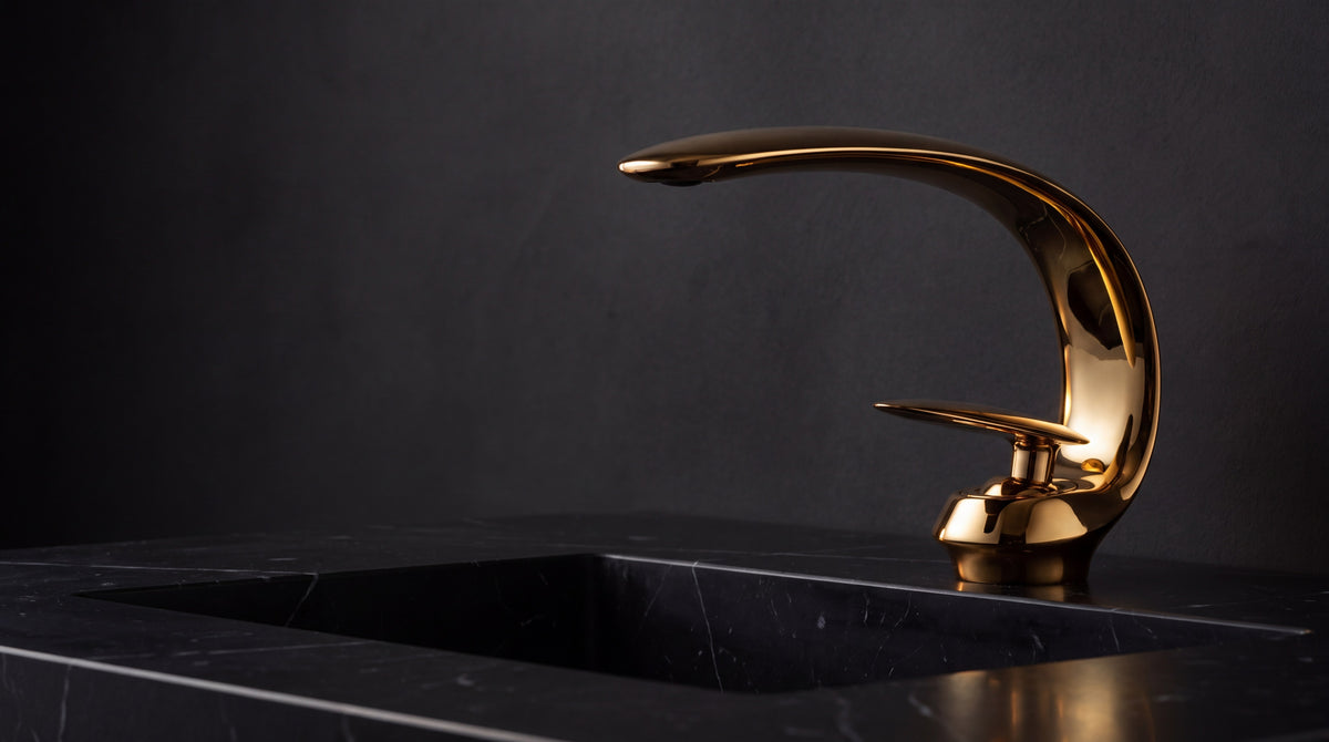 Mitigeur lavabo design courbé CAVENZA doré sur un plan en marbre noir, mise en situation