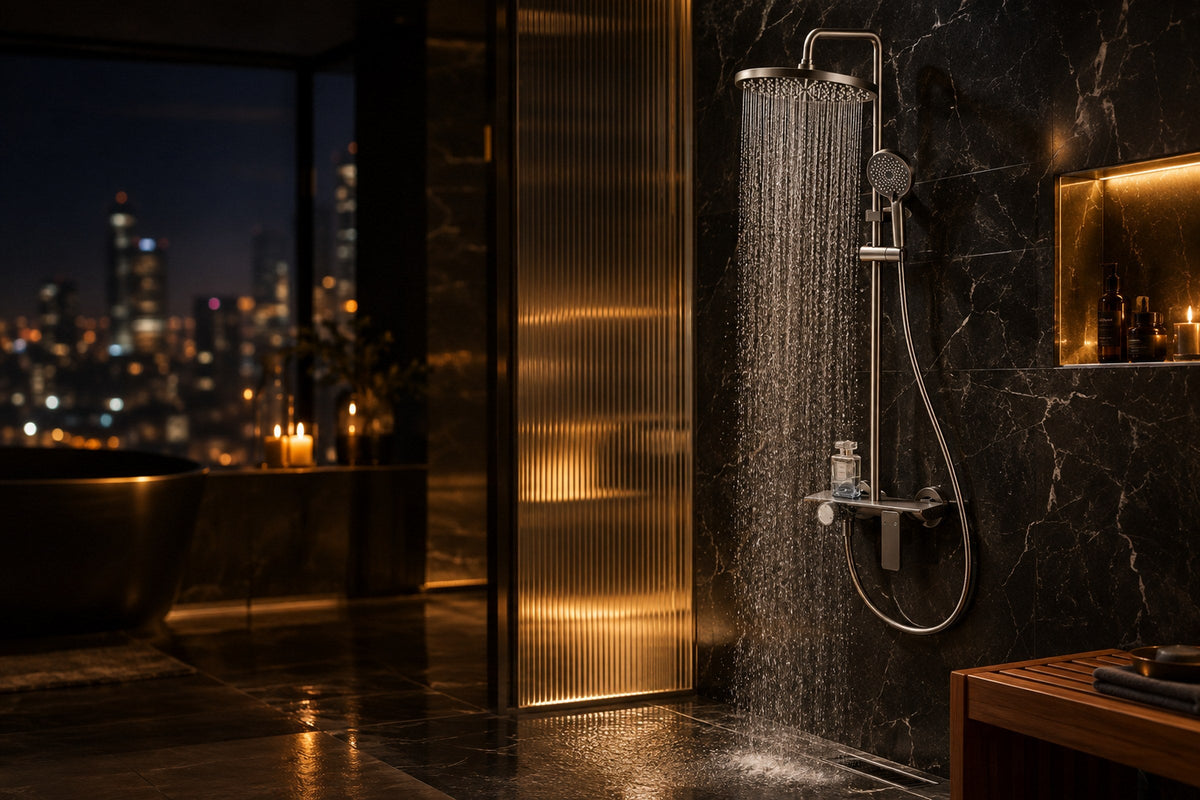 Mitigeur de douche Acquavelli fixé au mur d’une douche, mise en situation