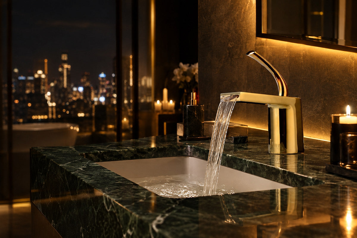 Mitigeur de lavabo Acquavelli sur un plan de salle de bain, mise en situation