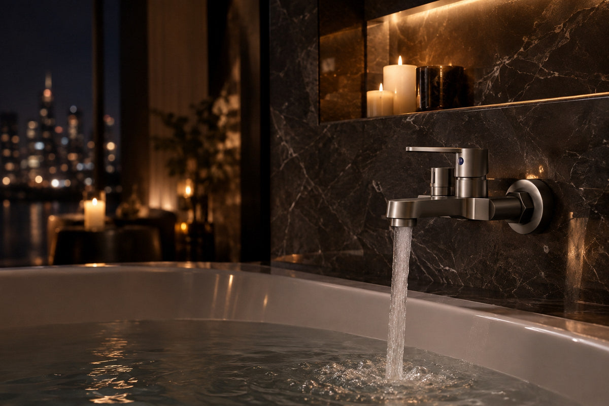 Mitigeur thermostatique de douche Acquavelli fixé au mur, mise en situation