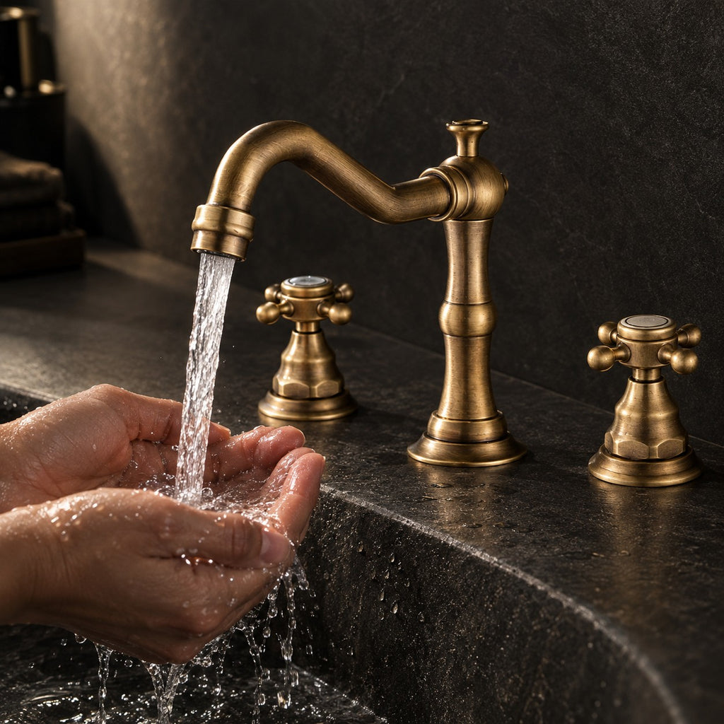 Mélangeur lavabo 3 trous ALVERIO mains sous le jet, vasque en pierre noire, mise en situation