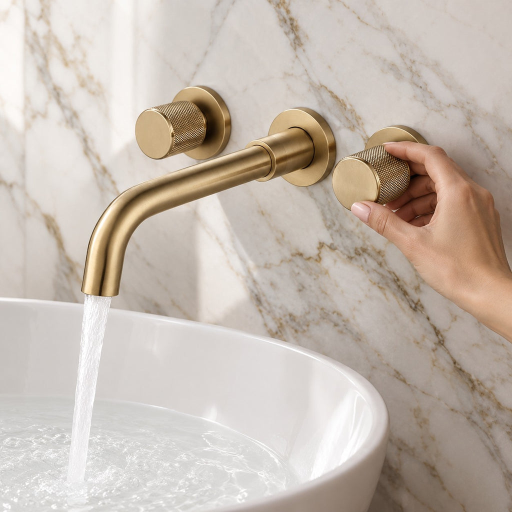 Mélangeur lavabo mural BELLAVIO avec une main sur la commande, mur en marbre, mise en situation