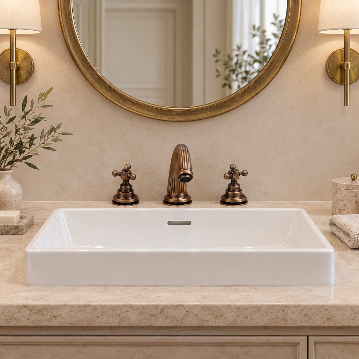 Mélangeur lavabo rétro 3 trous BELLARO vu de face sous un miroir rond, plan en travertin, mise en situation