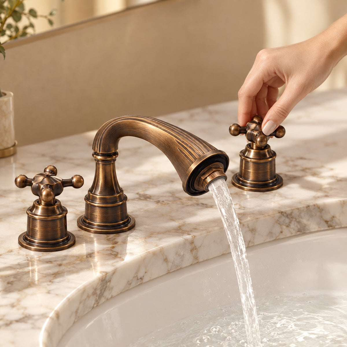 Mélangeur lavabo rétro 3 trous BELLARO avec une main sur la commande, plan en marbre, mise en situation