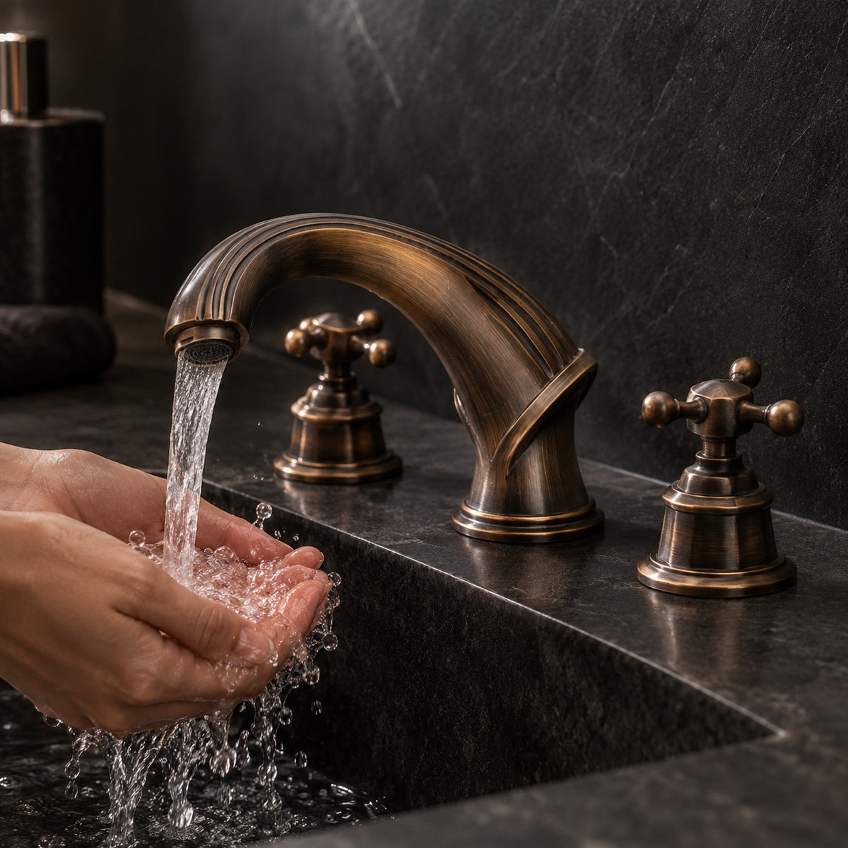 Mélangeur lavabo rétro 3 trous BELLARO mains sous le jet, vasque en pierre noire, mise en situation