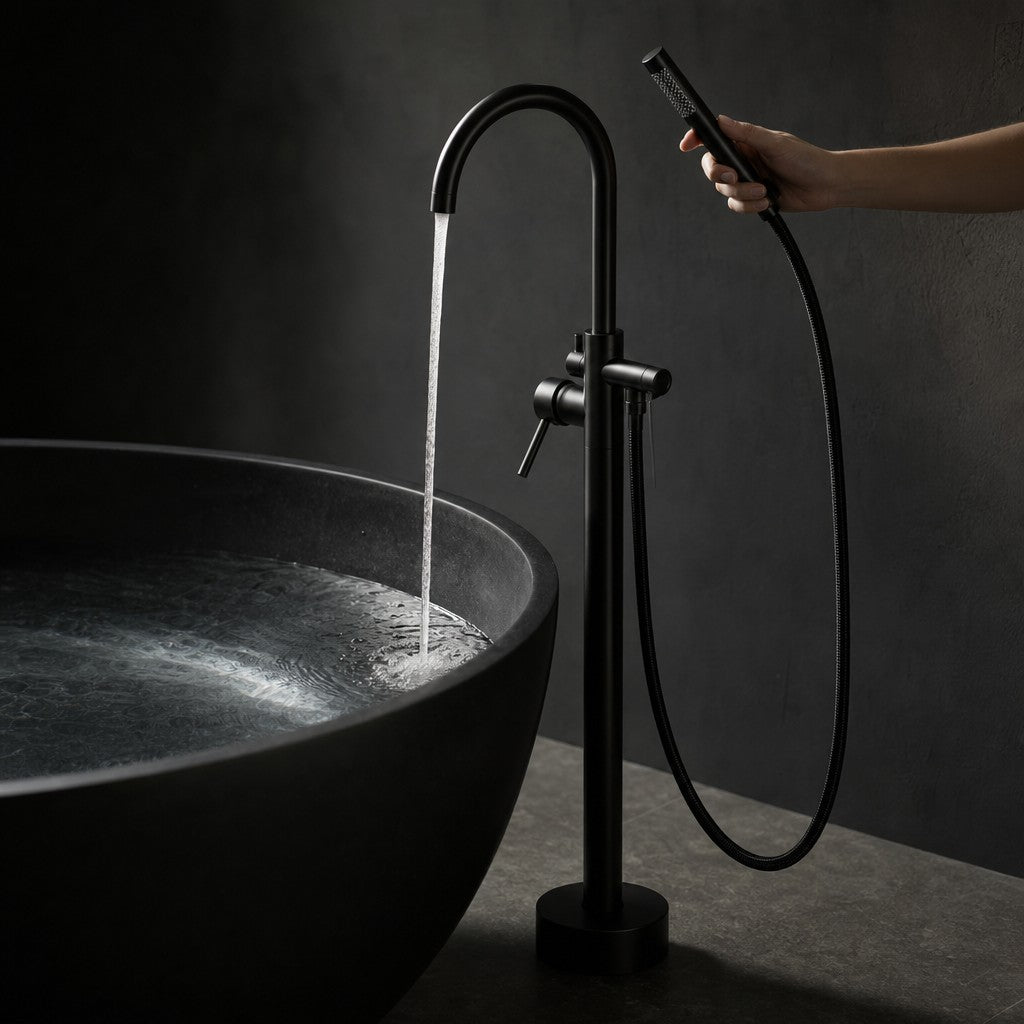 Mitigeur baignoire sur pied avec douchette VARELLO avec une main, baignoire en pierre noire, mise en situation