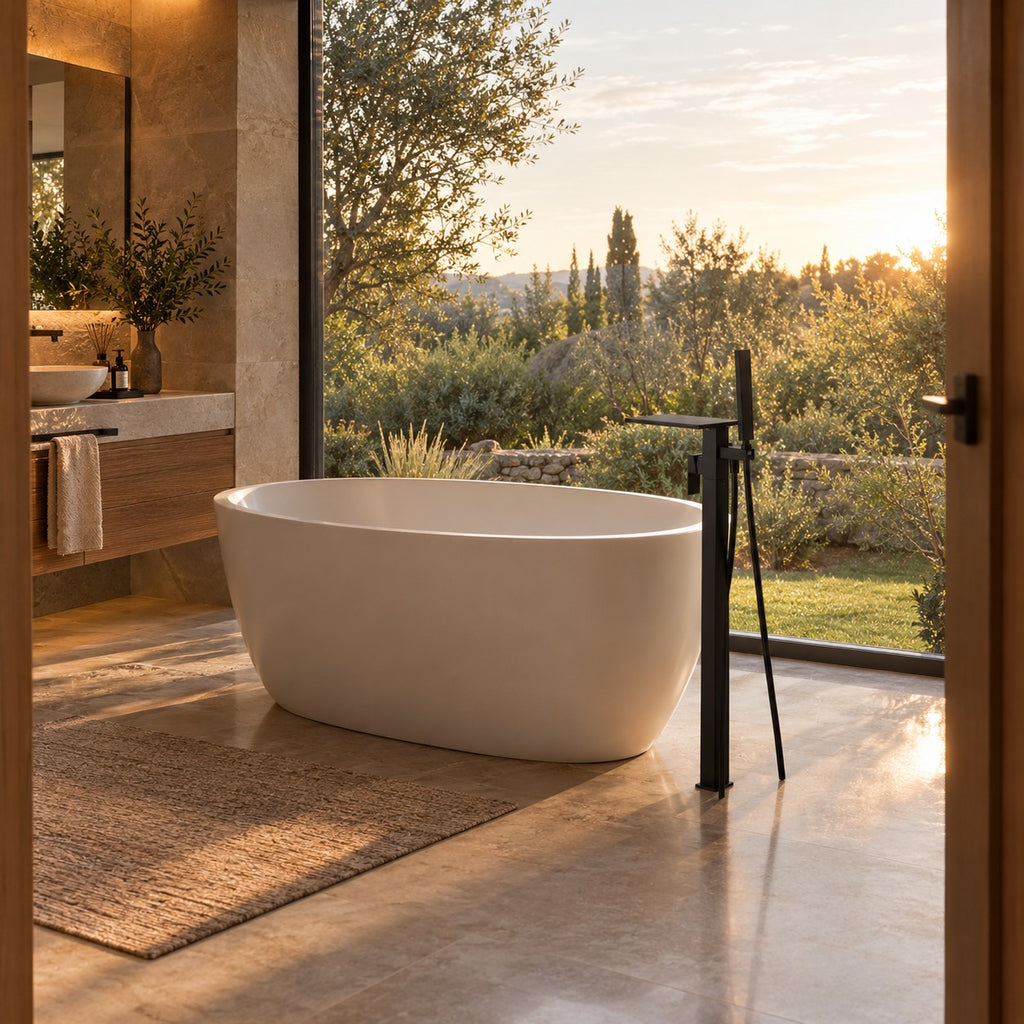 Mitigeur baignoire sur pied cascade MONZARIO dans une grande salle de bain, mise en situation