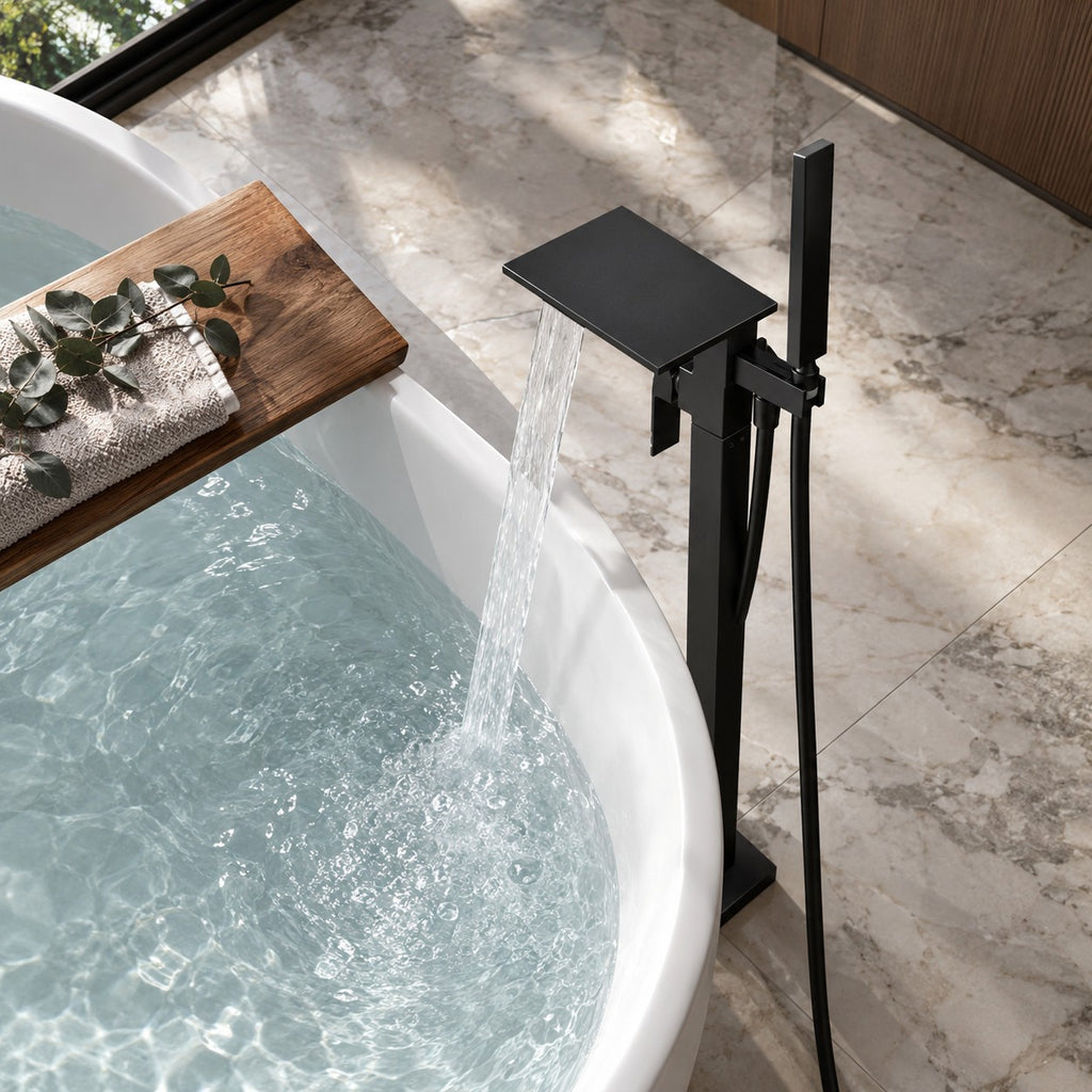 Mitigeur baignoire sur pied cascade MONZARIO vue plongeante sur le bain, mise en situation