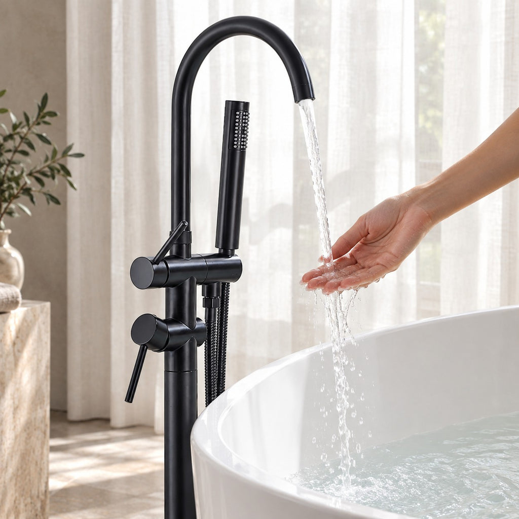 Mitigeur baignoire sur pied VALDORO avec une main sous le jet, baignoire îlot, mise en situation