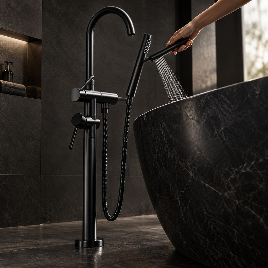 Mitigeur baignoire sur pied VALDORO avec une main, baignoire en pierre noire, mise en situation