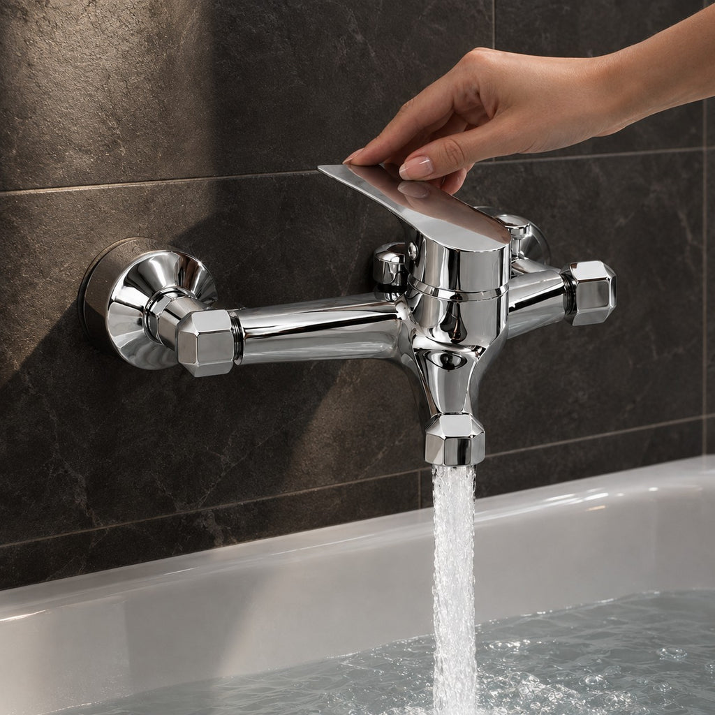 Mitigeur bain-douche mural VELARIO avec une main, carrelage anthracite, mise en situation