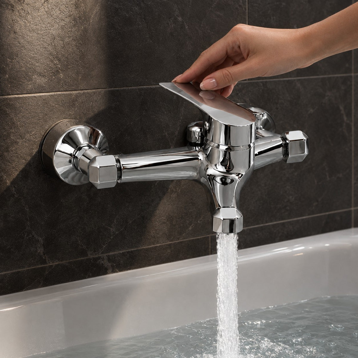 Mitigeur bain-douche mural VELARIO avec une main, carrelage anthracite, mise en situation