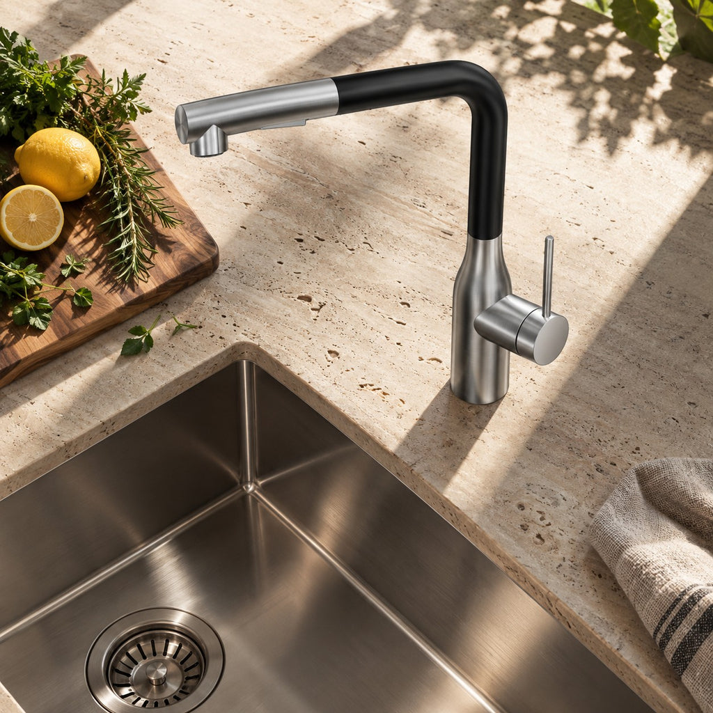 Mitigeur cuisine avec douchette 2 jets VALENZO vue plongeante sur un plan en travertin, mise en situation
