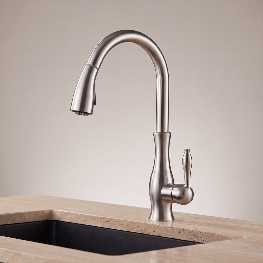 Mitigeur cuisine extractible LUCIANO en inox brossé installé sur un plan en travertin au-dessus d’un évier noir, mise en situation