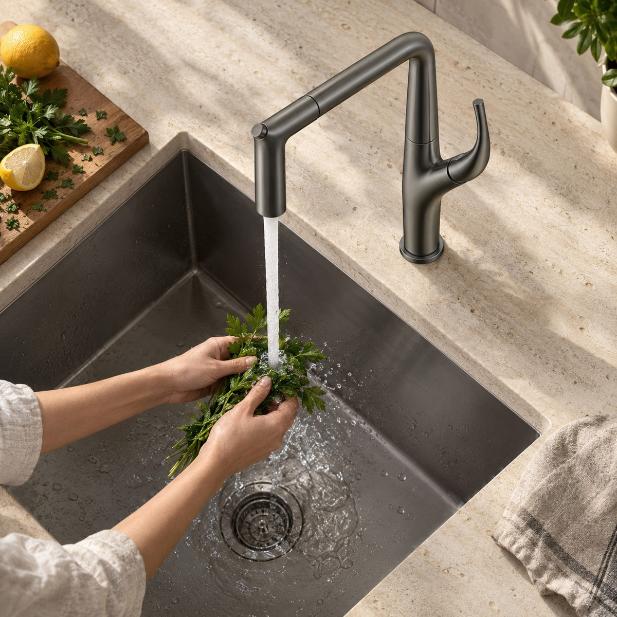 Mitigeur cuisine extractible ORVETTI vue plongeante sur un plan en travertin, mise en situation