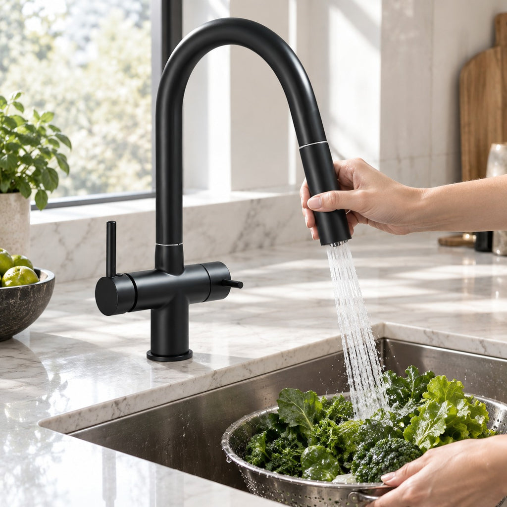 Mitigeur cuisine filtrant extractible BELLAVERO avec une main, évier et plan en marbre, mise en situation