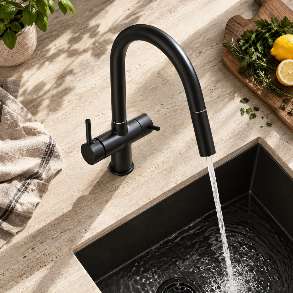 Mitigeur cuisine filtrant extractible BELLAVERO vue plongeante sur un plan en travertin, mise en situation