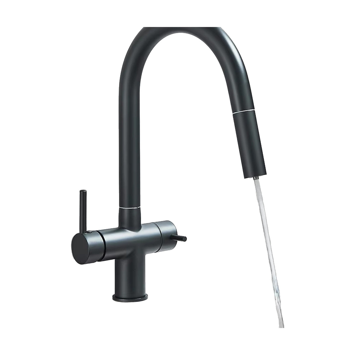 Mitigeur cuisine filtrant extractible BELLAVERO, coloris noir, sur fond blanc