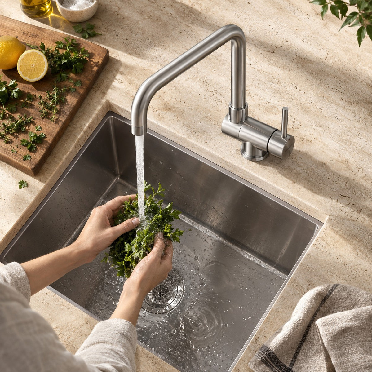 Mitigeur cuisine rabattable VELTORI vue plongeante sur un plan en travertin, mise en situation