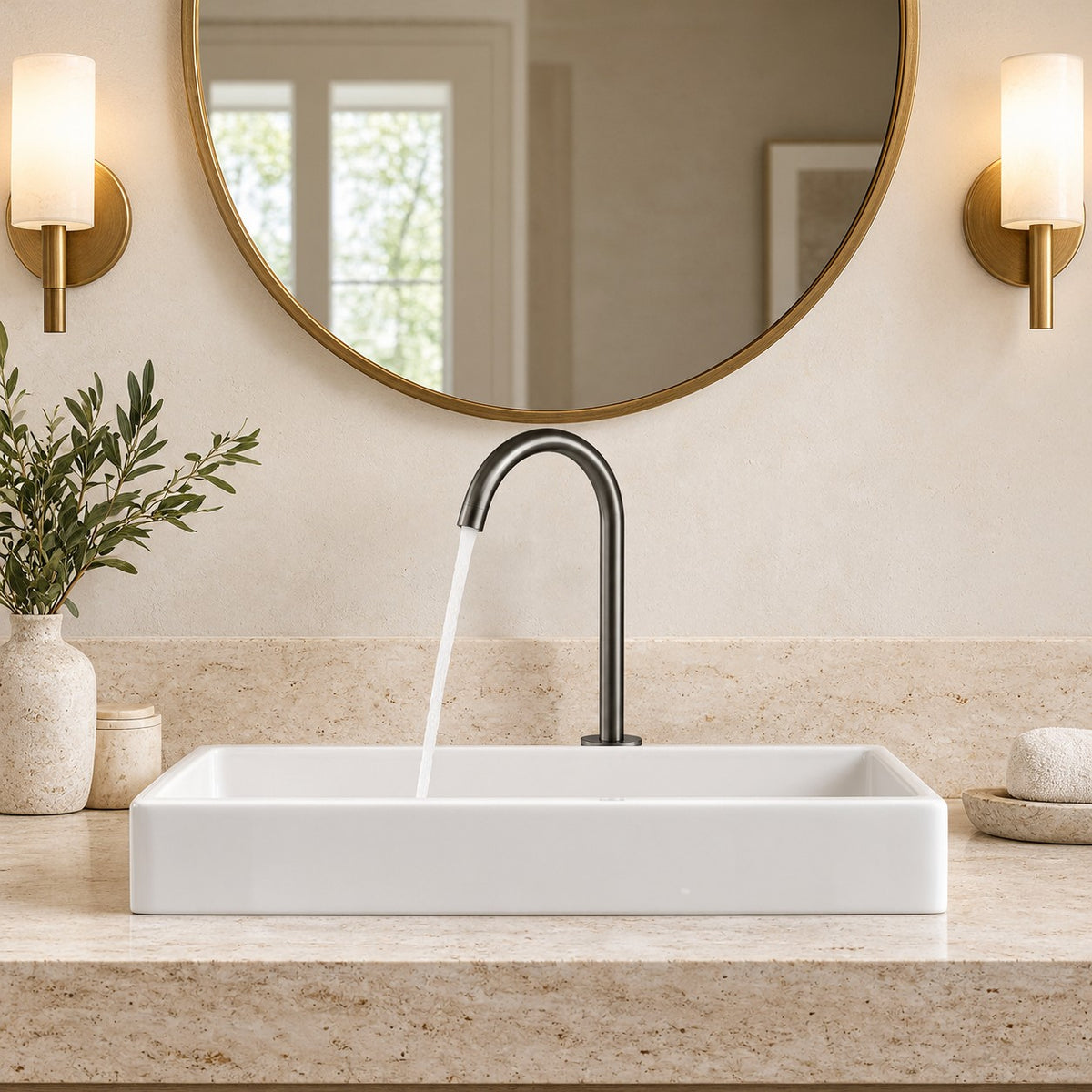 Mitigeur lavabo 2 trous VELENZA vu de face sous un miroir rond, plan en travertin, mise en situation