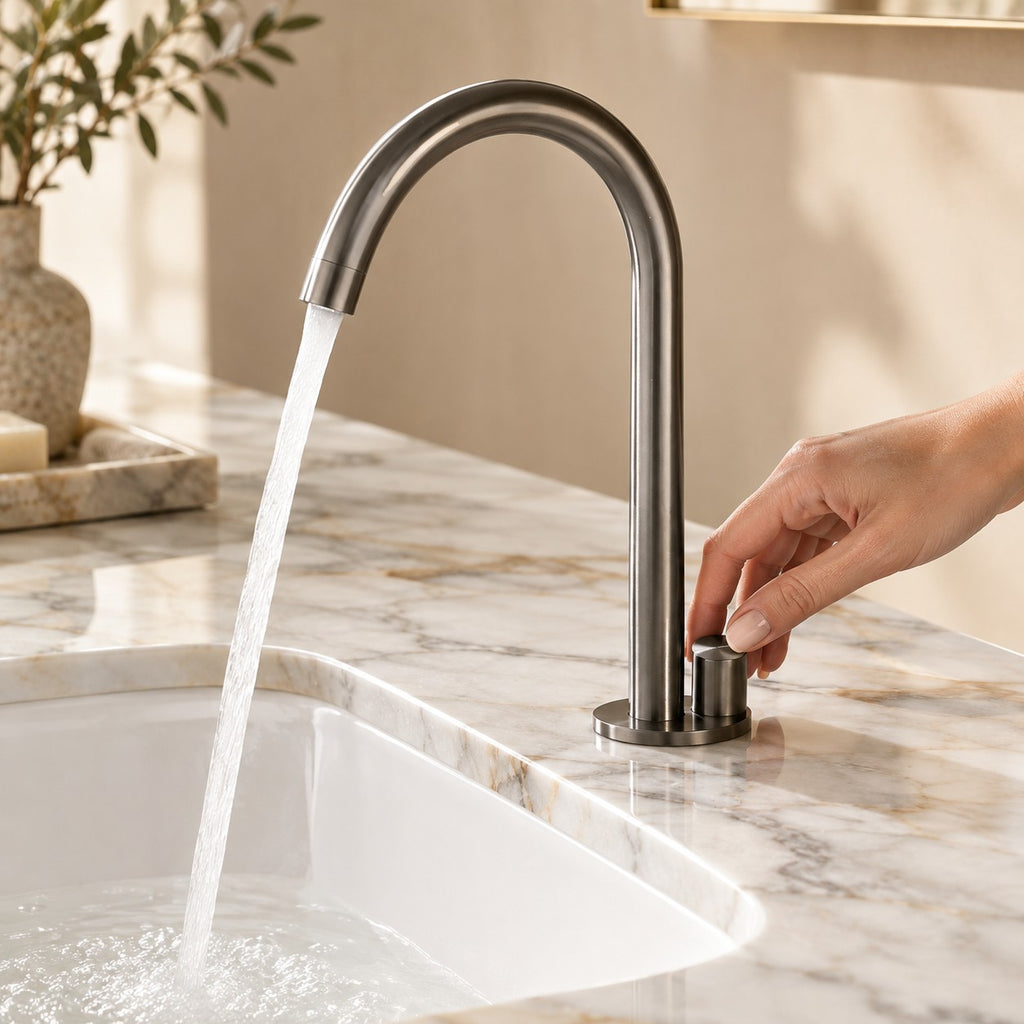 Mitigeur lavabo 2 trous VELENZA avec une main sur la commande, plan en marbre, mise en situation