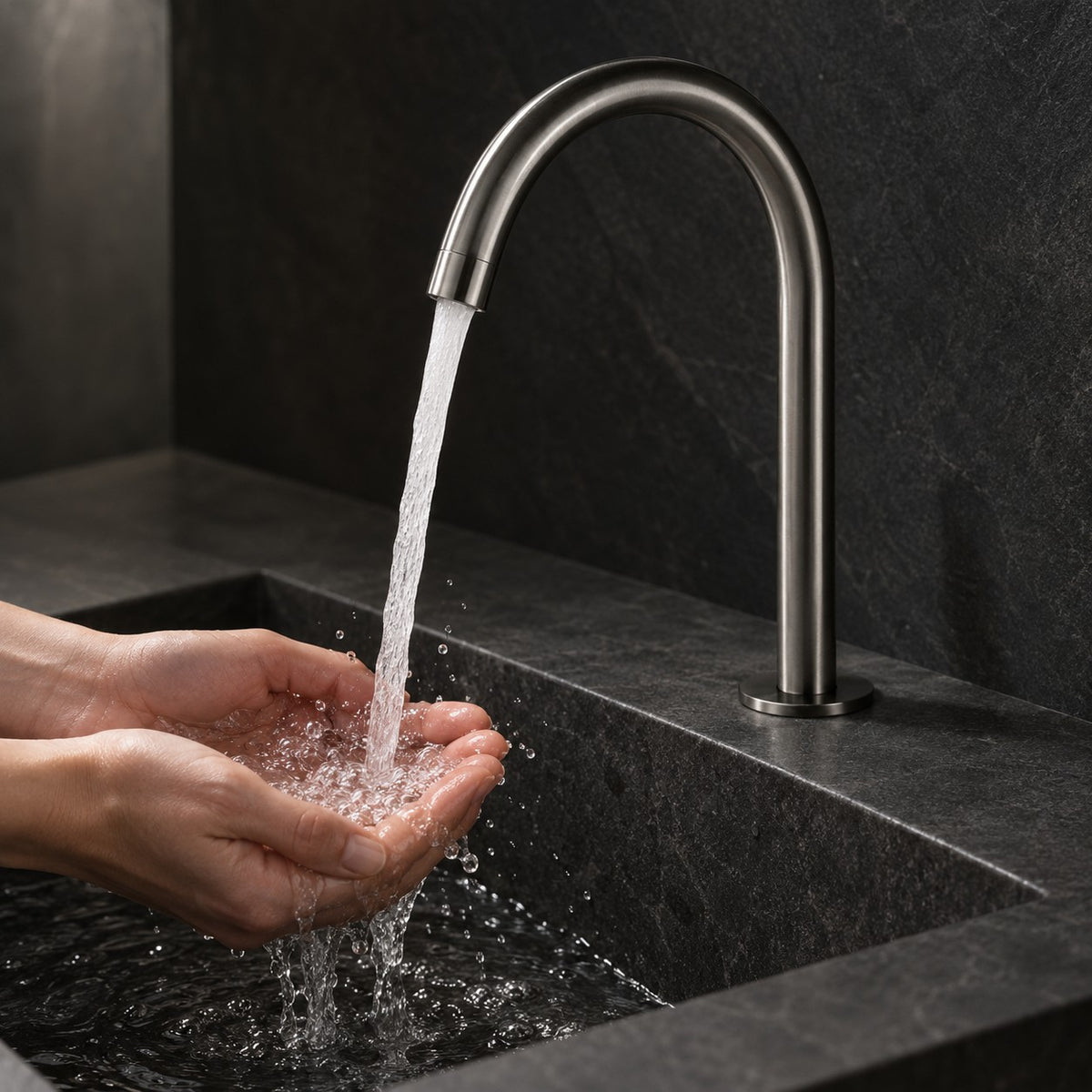 Mitigeur lavabo 2 trous VELENZA mains sous le jet, vasque en pierre noire, mise en situation