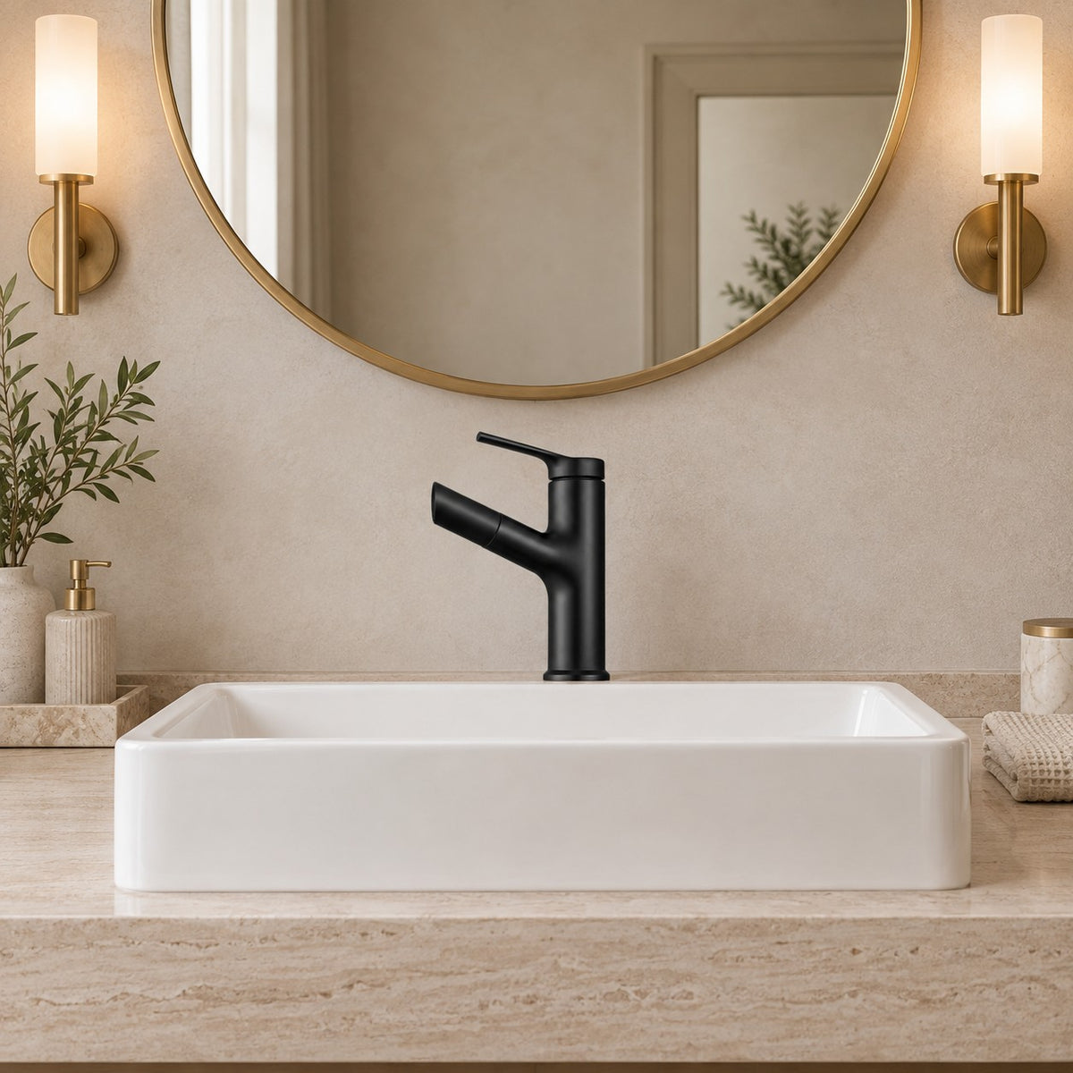 Mitigeur lavabo CALVANO vu de face sous un miroir rond, plan en travertin, mise en situation