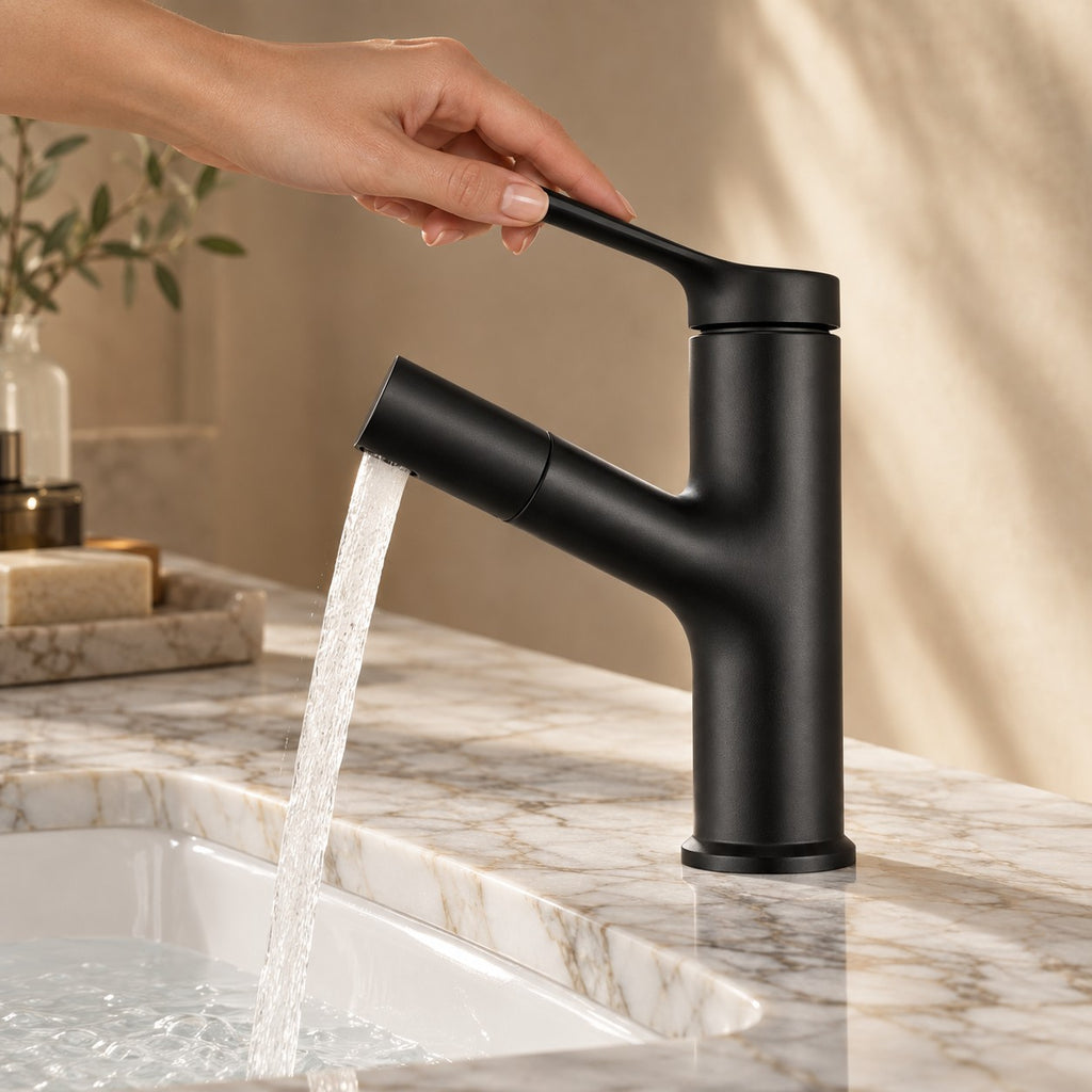 Mitigeur lavabo CALVANO avec une main sur la commande, plan en marbre, mise en situation