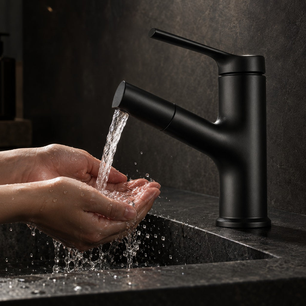 Mitigeur lavabo CALVANO mains sous le jet, vasque en pierre noire, mise en situation