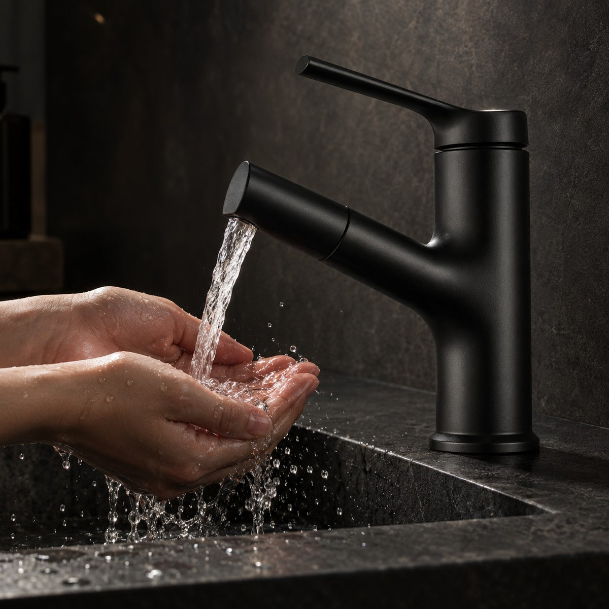 Mitigeur lavabo CALVANO mains sous le jet, vasque en pierre noire, mise en situation