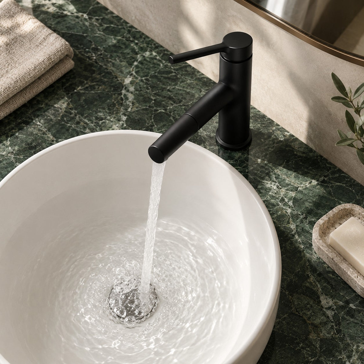 Mitigeur lavabo CALVANO vue plongeante sur un plan en marbre vert, mise en situation