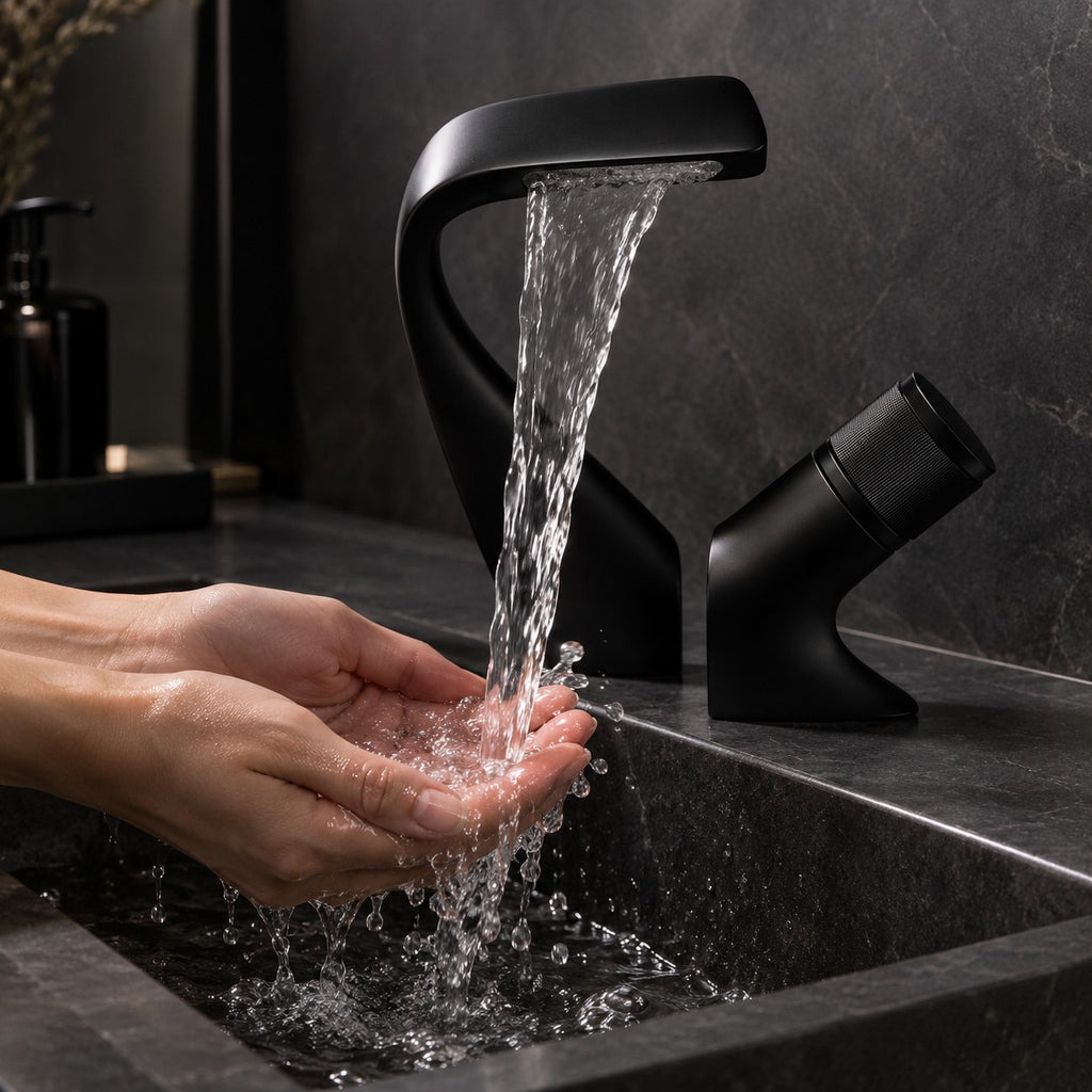 Mitigeur lavabo cascade design CIGNARO mains sous le jet, vasque en pierre noire, mise en situation