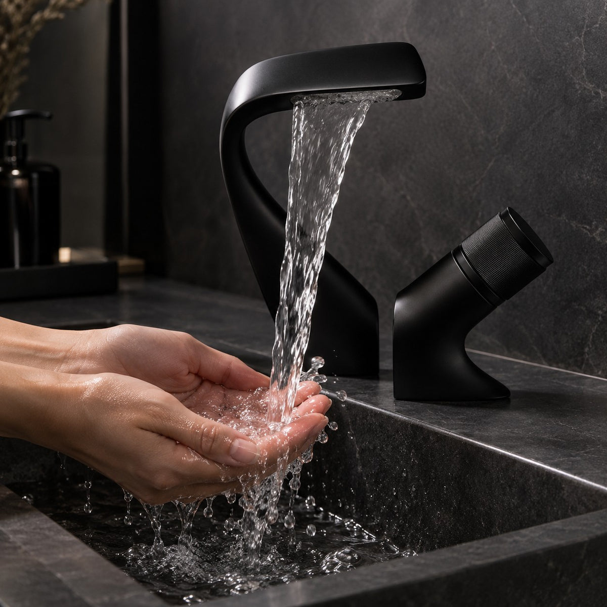 Mitigeur lavabo cascade design CIGNARO mains sous le jet, vasque en pierre noire, mise en situation