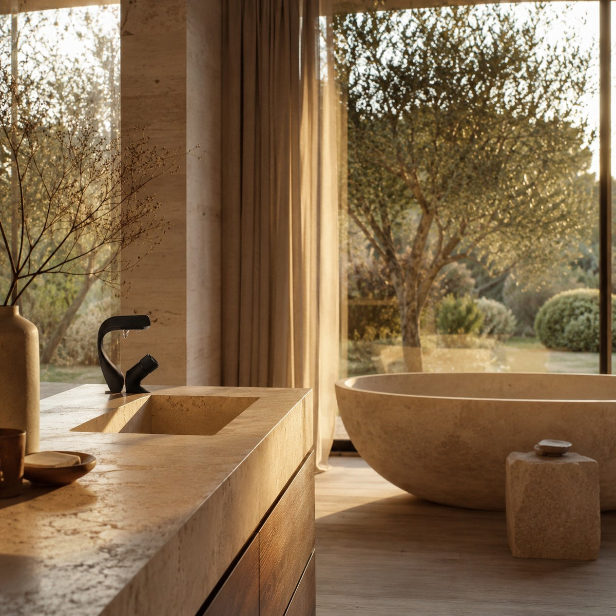 Mitigeur lavabo cascade design CIGNARO dans une salle de bain avec baignoire en pierre, mise en situation
