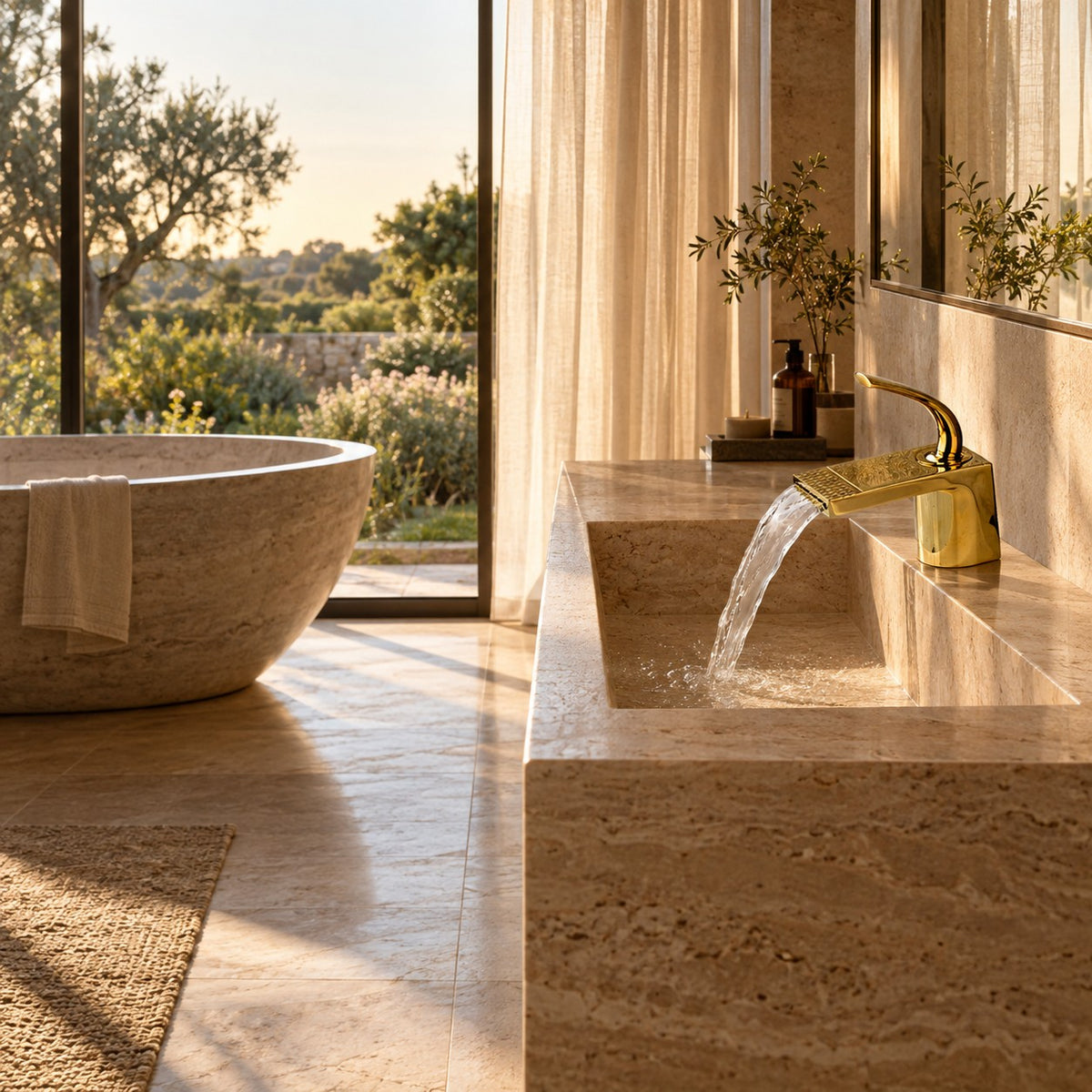 Mitigeur lavabo cascade doré AURELIO dans une salle de bain avec baignoire en pierre, mise en situation