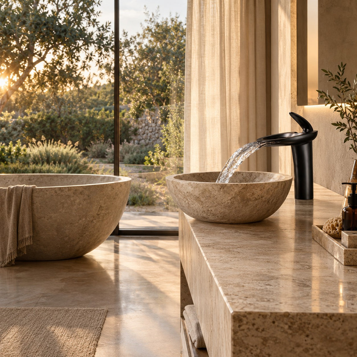 Mitigeur lavabo cascade NOVELLI dans une salle de bain avec baignoire en pierre, mise en situation