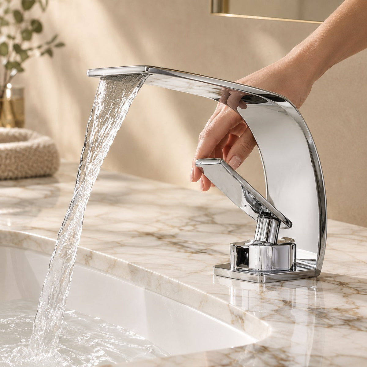 Mitigeur lavabo cascade VALTERO avec une main sur la commande, plan en marbre, mise en situation