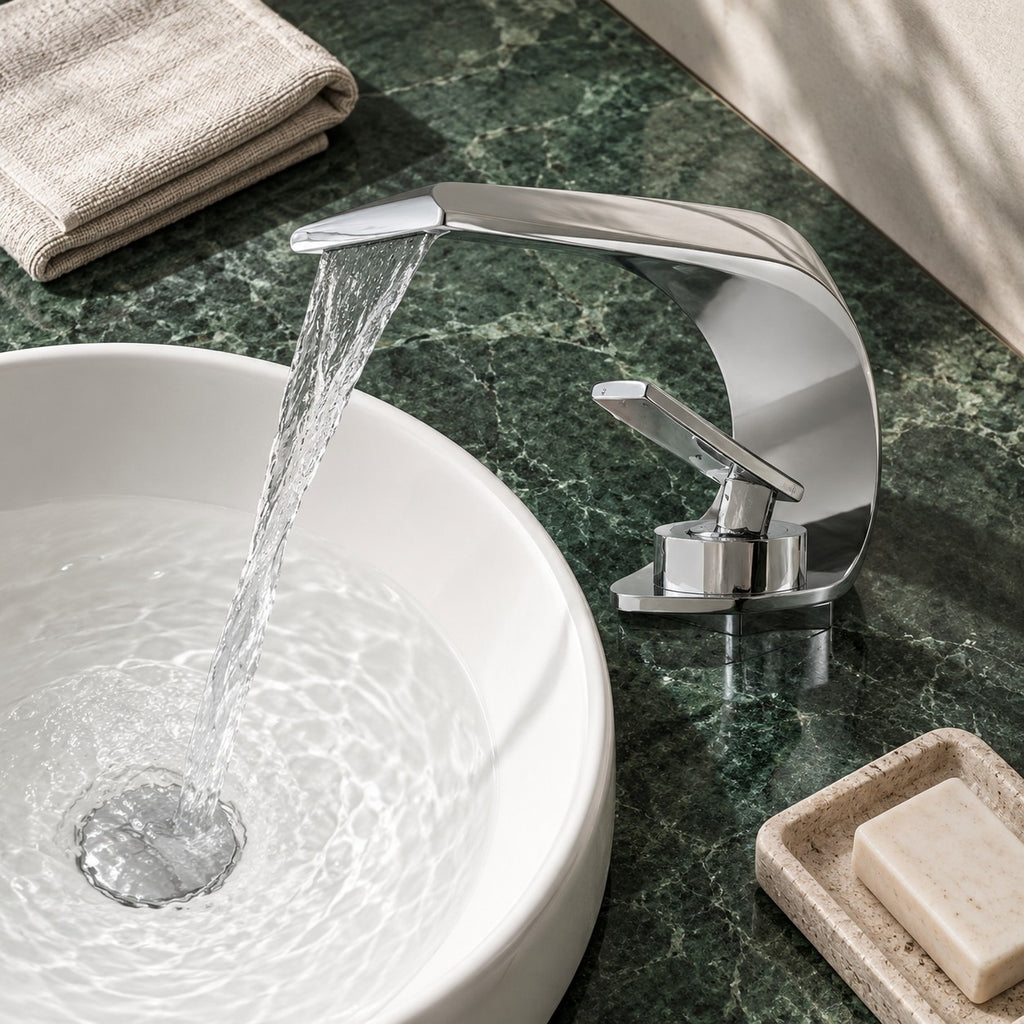 Mitigeur lavabo cascade VALTERO vue plongeante sur un plan en marbre vert, mise en situation