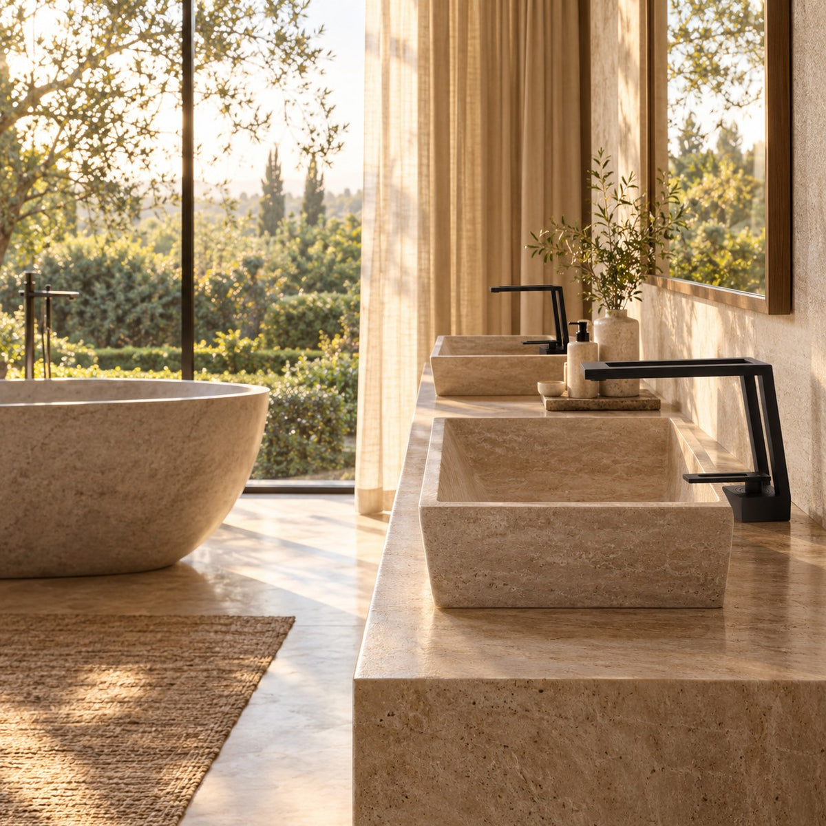 Mitigeur lavabo design ARCHENZO dans une salle de bain avec baignoire en pierre, mise en situation