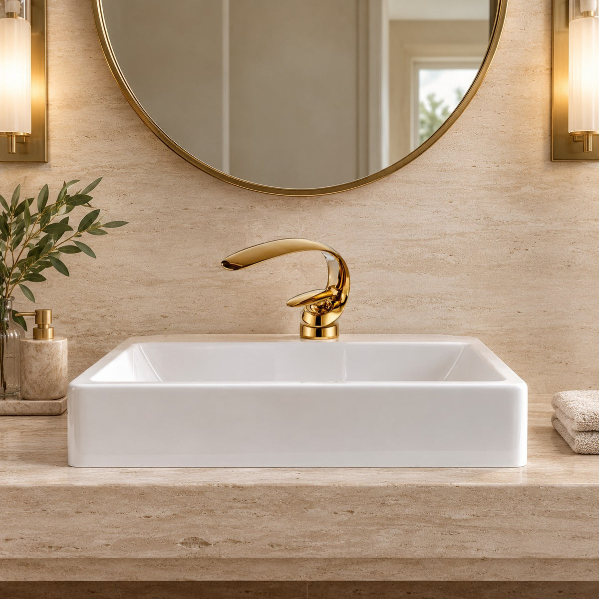 Mitigeur lavabo design courbé CAVENZA vu de face sous un miroir rond, plan en travertin, mise en situation