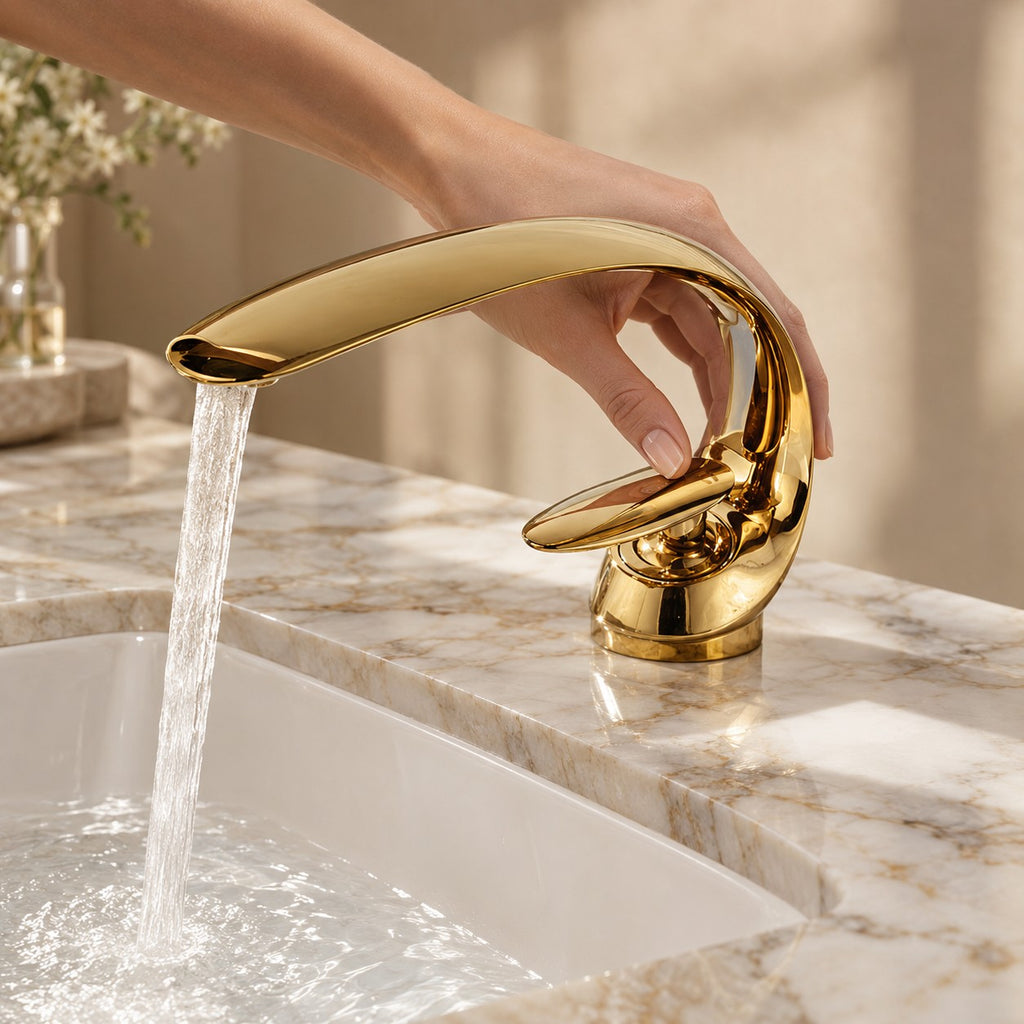 Mitigeur lavabo design courbé CAVENZA avec une main sur la commande, plan en marbre, mise en situation