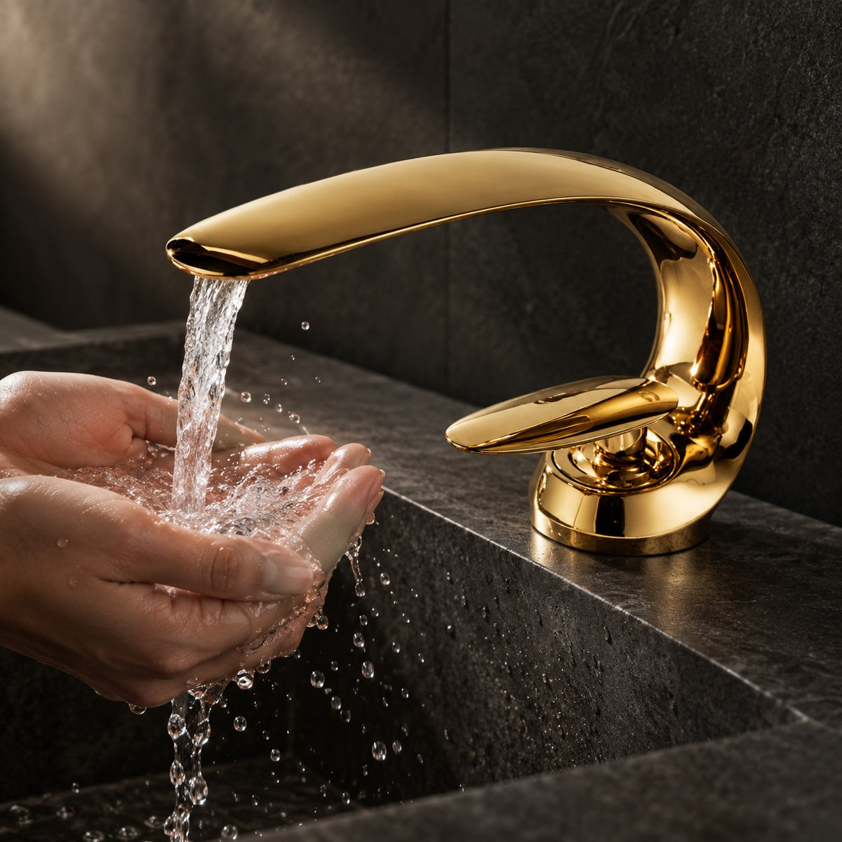 Mitigeur lavabo design courbé CAVENZA mains sous le jet, vasque en pierre noire, mise en situation