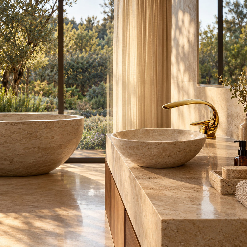 Mitigeur lavabo design courbé CAVENZA dans une salle de bain avec baignoire en pierre, mise en situation