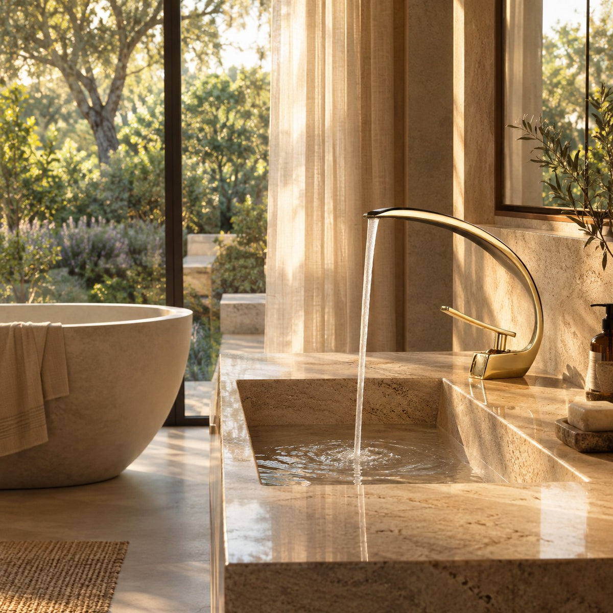 Mitigeur lavabo design courbé LUNAVIO doré dans une salle de bain avec baignoire en pierre, mise en situation