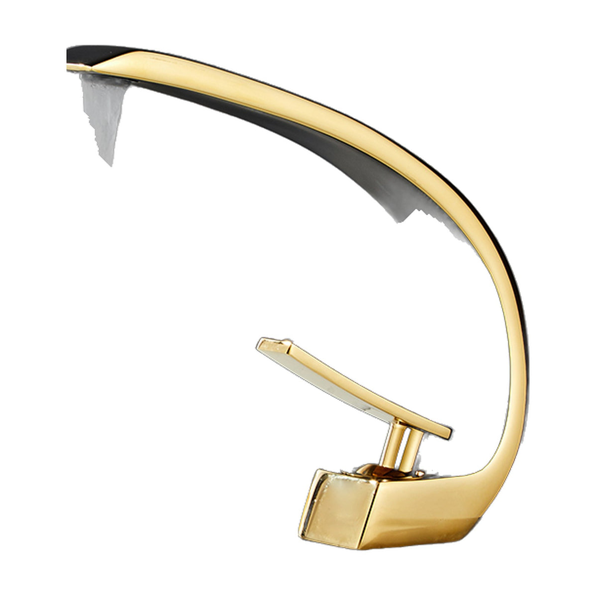 Mitigeur lavabo design courbé LUNAVIO, coloris doré, sur fond blanc