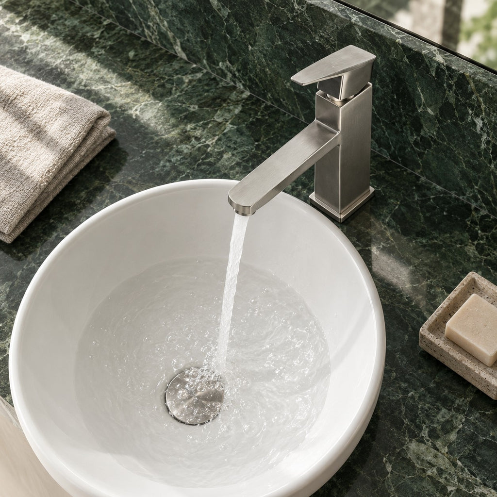 Mitigeur lavabo minimaliste VARESSI vue plongeante sur un plan en marbre vert, mise en situation