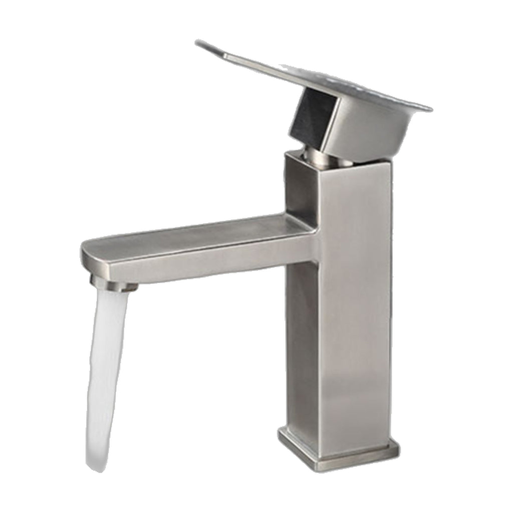 Mitigeur lavabo minimaliste VARESSI, coloris inox brossé, sur fond blanc