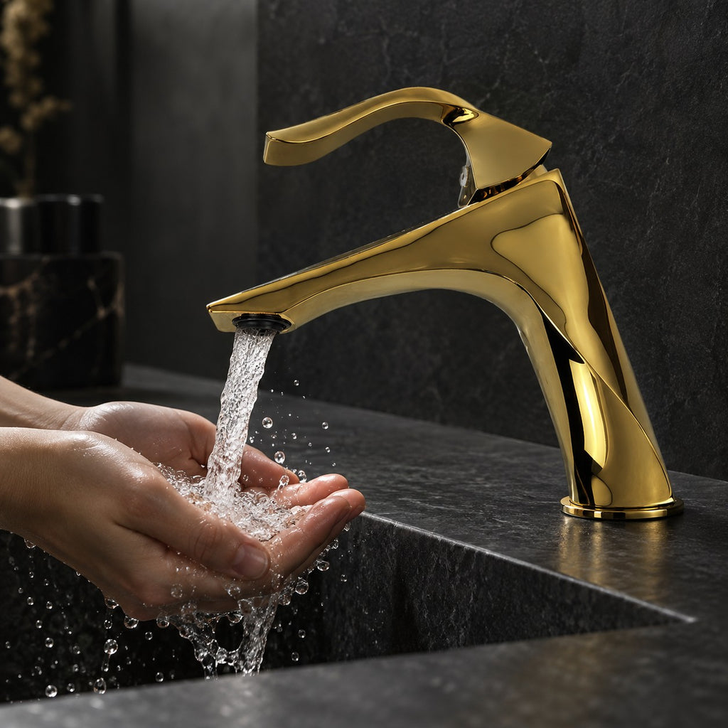Mitigeur lavabo monocommande SOLENZO mains sous le jet, vasque en pierre noire, mise en situation