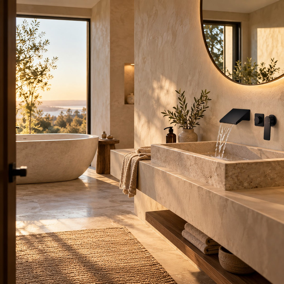 Mitigeur lavabo mural cascade ROTEVIO dans une salle de bain avec baignoire en pierre, mise en situation