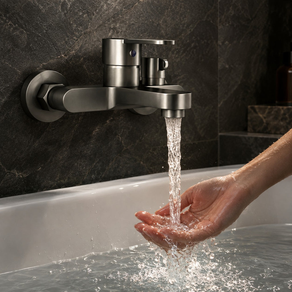 Mitigeur thermostatique douche 3 voies TERMELLI avec une main sous l’eau, pierre sombre, mise en situation